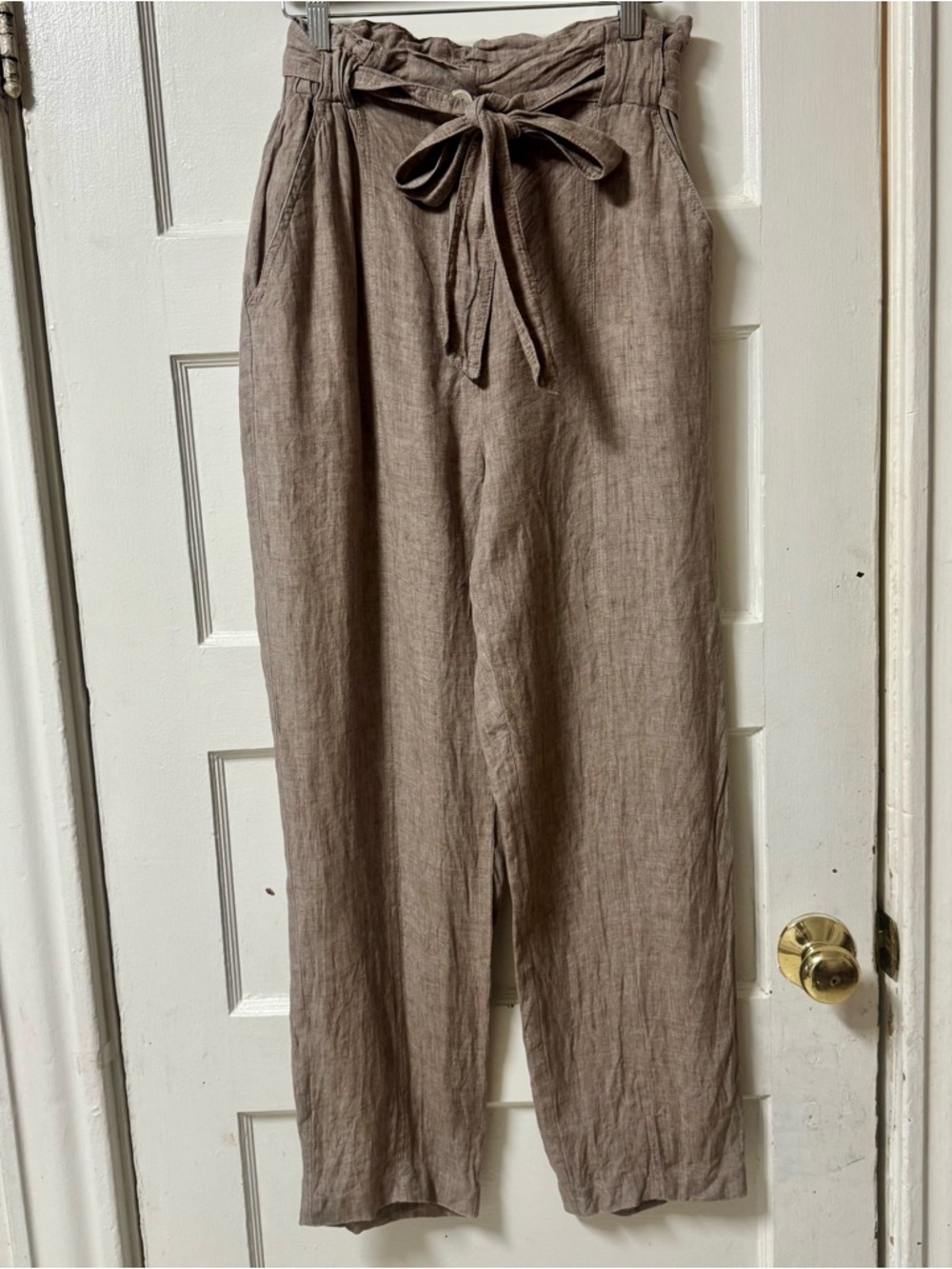 MARELLA Taupe Flax Linen Paperbag Waist Pants